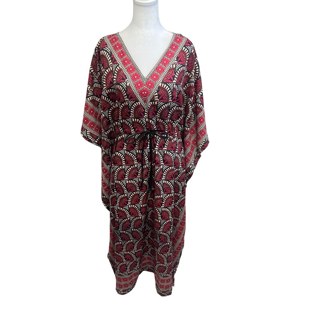 Boho Kaftan Maxi Dress Red Black Geometric Print Mosaic Resortwear